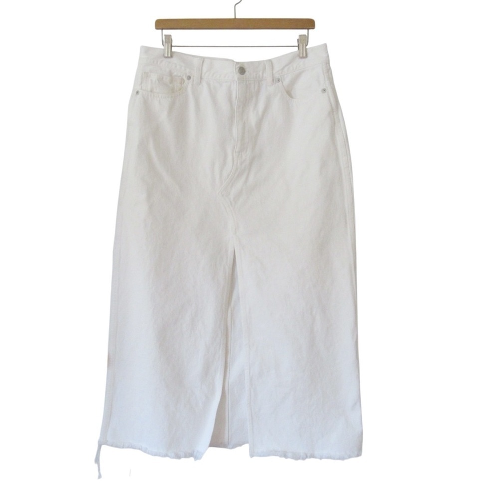 Madewell Rilee White Denim Midi Skirt 31 Front Slit 90s Cotton Raw Hem Pockets